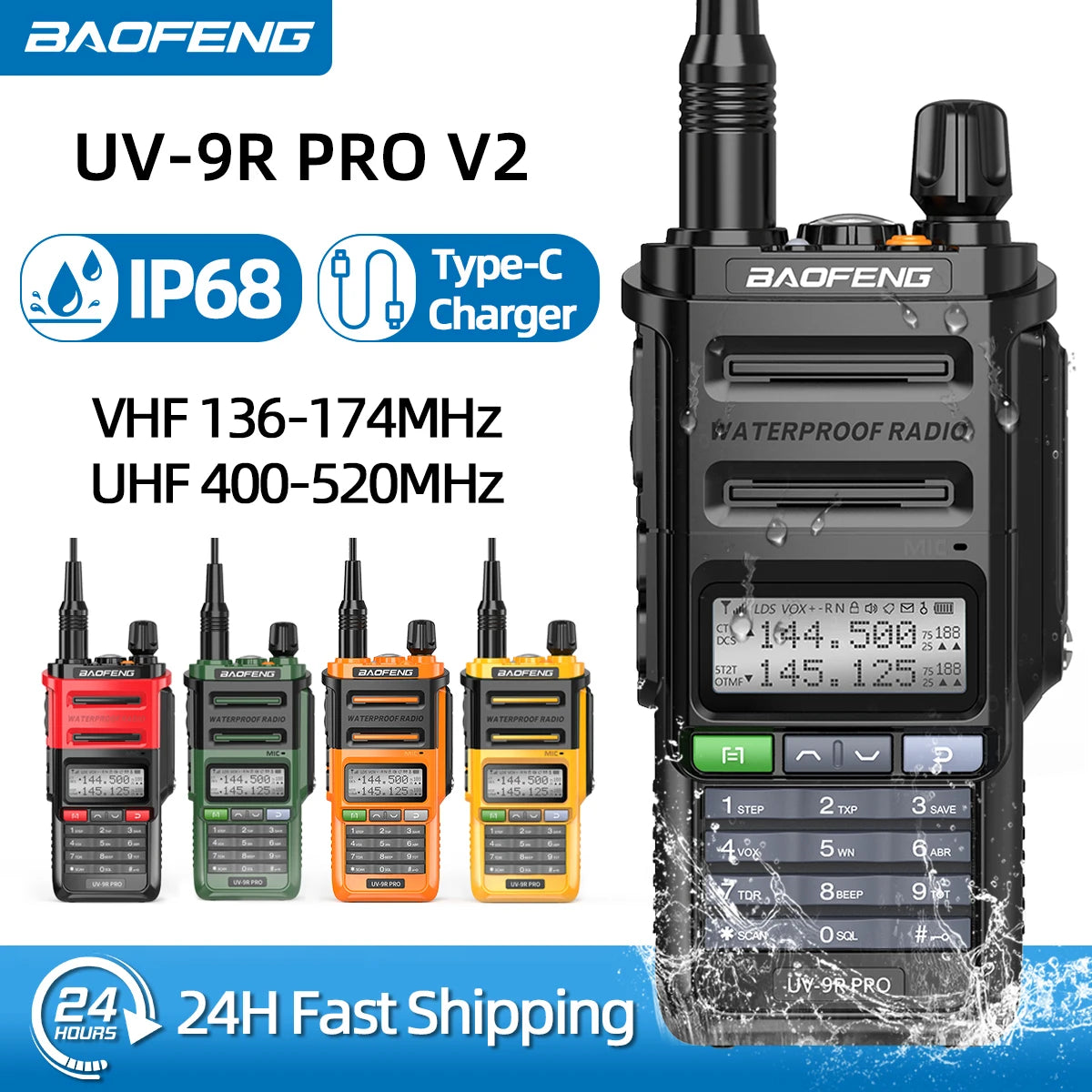 Baofeng UV 9R Pro V2 IP68 Waterproof Walkie Talkie Tri-Power Type-C Charger Dual Band Transceiver Ham Two Way Radio Marine Radio