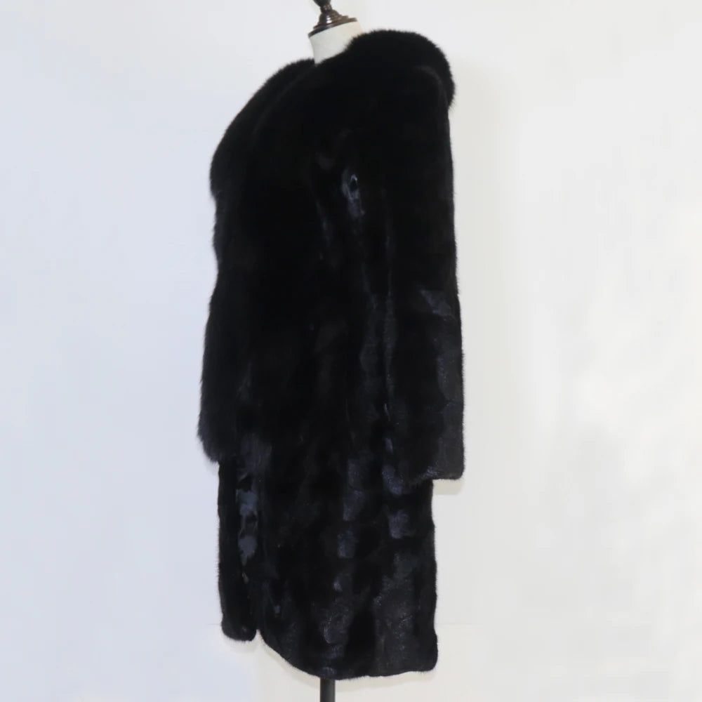 Winter Real Mink Fur Coat With Fox Fur Collar For Women Long Style 100% Genuine Mink Fur Jacket Thick Warm Natural Mink Fur Coat