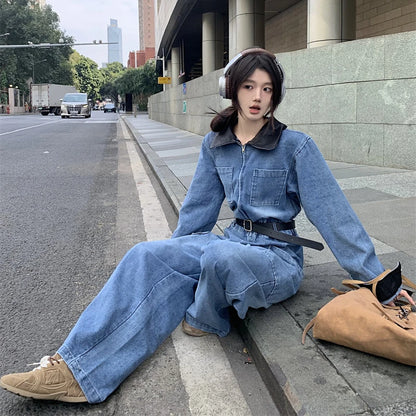 Retro PU Patchwork Denim Jumpsuits Women Long Sleeve Elastic Waist Loose Casual Romper Zipper Pocket Wide Leg Jeans Patns