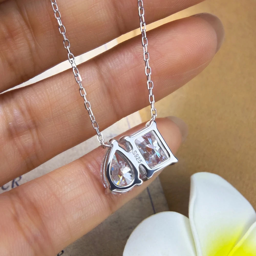 925 Sterling Silver Two Stone Toi Et Moi Necklace 2/5cttw Radiant Emerald Pear Cut Moissanite Pendant Necklace Fine Jewelry Gift