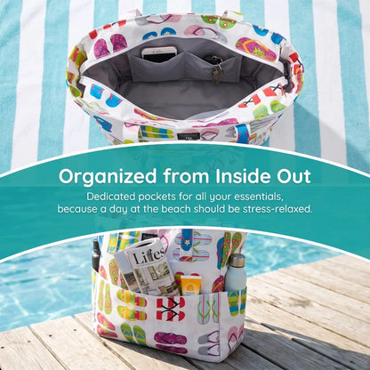 9 Pockets Large Beach Tote 35L Waterproof Sandproof Polyester Bag Women Summer Pool Travel Handbag Portable Swim Shoulder Bag