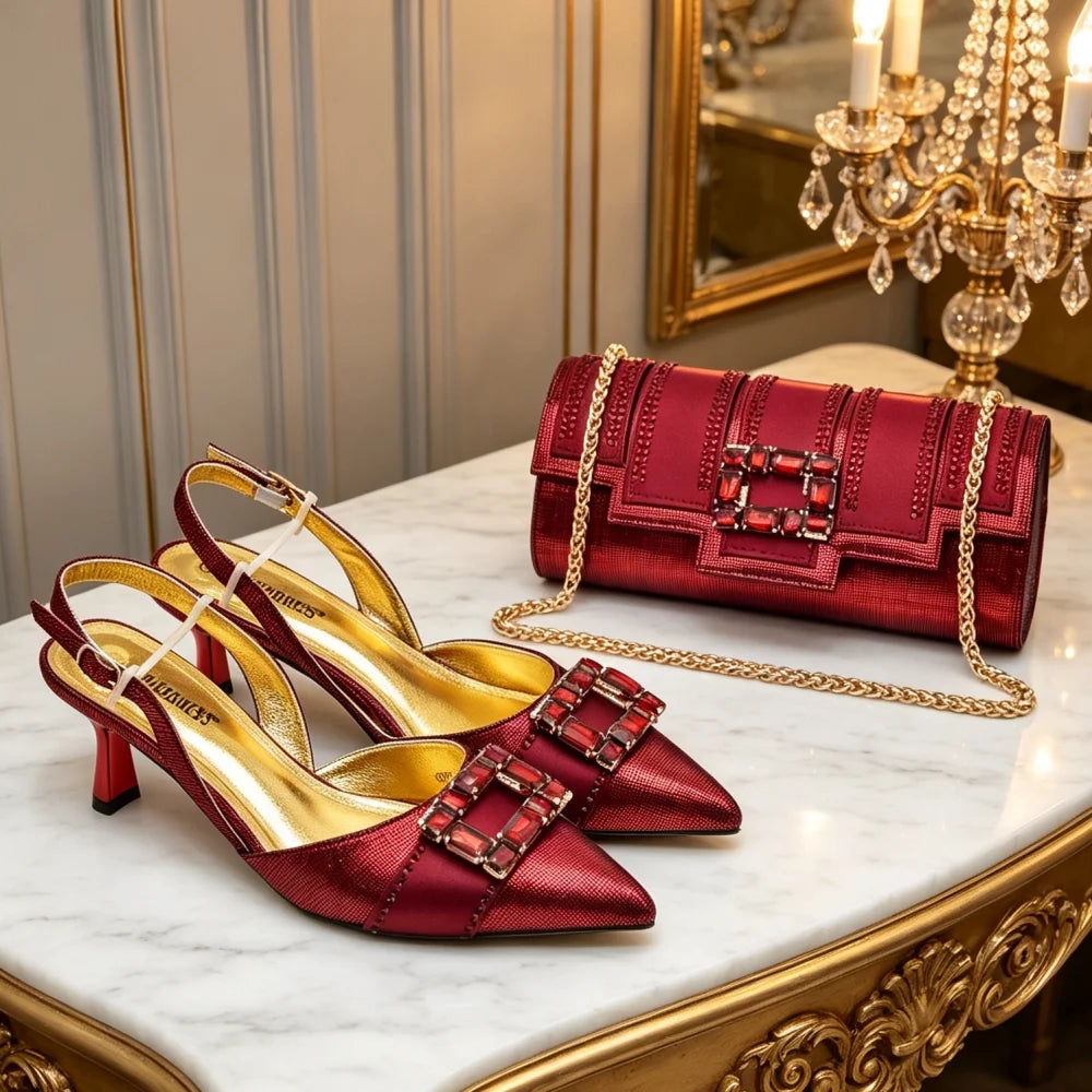 New Design Women Nigerian Italian Shoes and Bags Set with Rhinestone African Shoe and Bags Set for Wedding Luxury Party Pumps