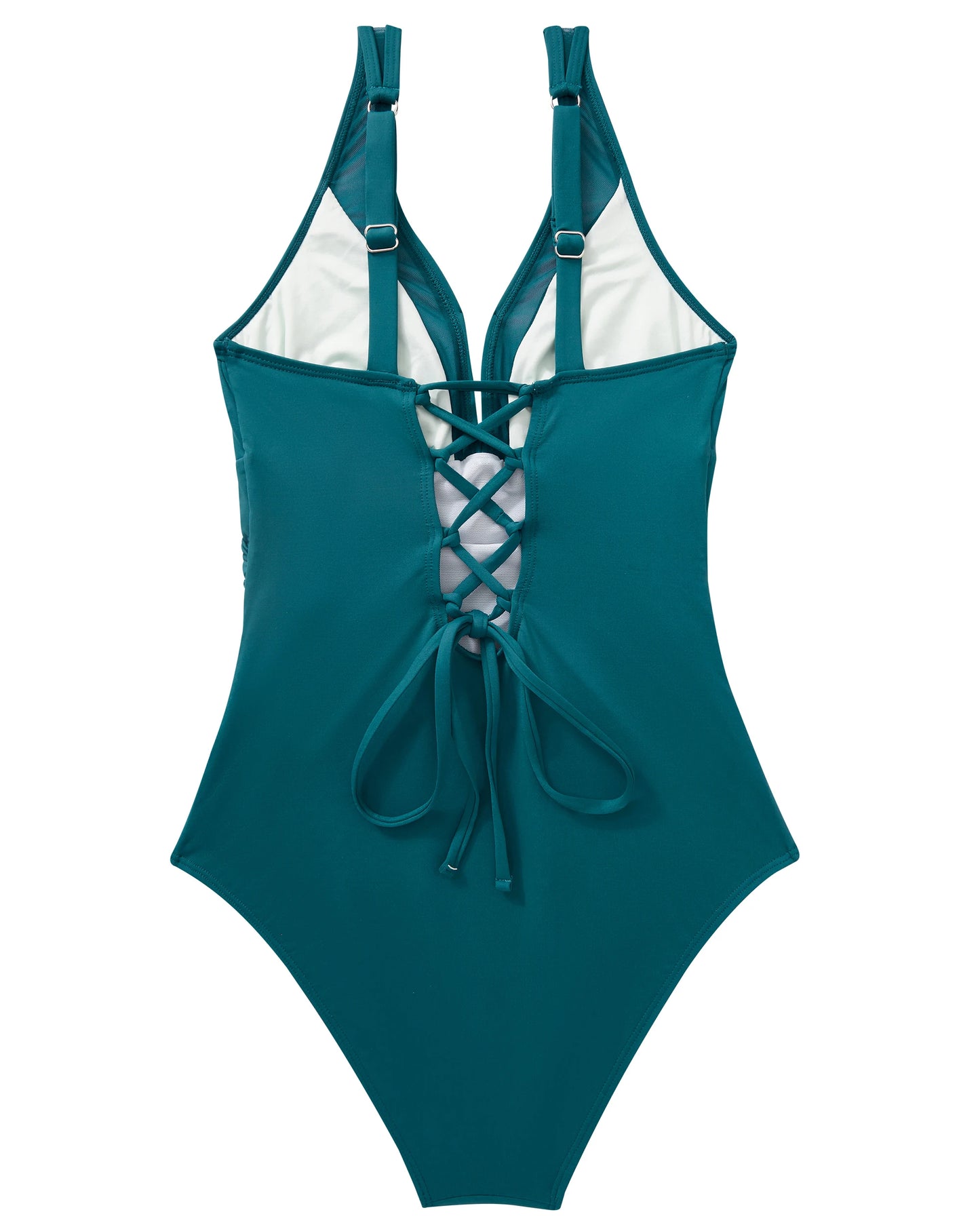Women Sexy Mesh One Piece Swimsuit Tummy Control Ruched Slimming Shapewear Bathing Suits Lace Up Back Swimwear Monokini Mujer