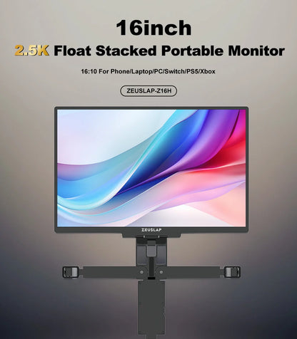 ZEUSLAP 16" Floatable Stacked Portable Monitor QHD 2560*1600P 400Nits 16:10 IPS Panel for Laptop Notebook Second Screen Display