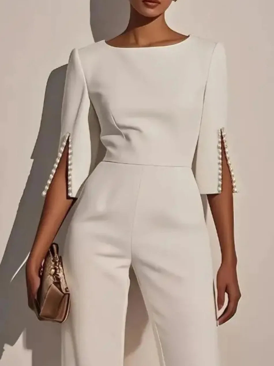 Fashion Hot Selling Spring Summer Solid High Waist Beaded Decor Jumpsuit for Women's Clothing Female Elegant Long Jumpsuits