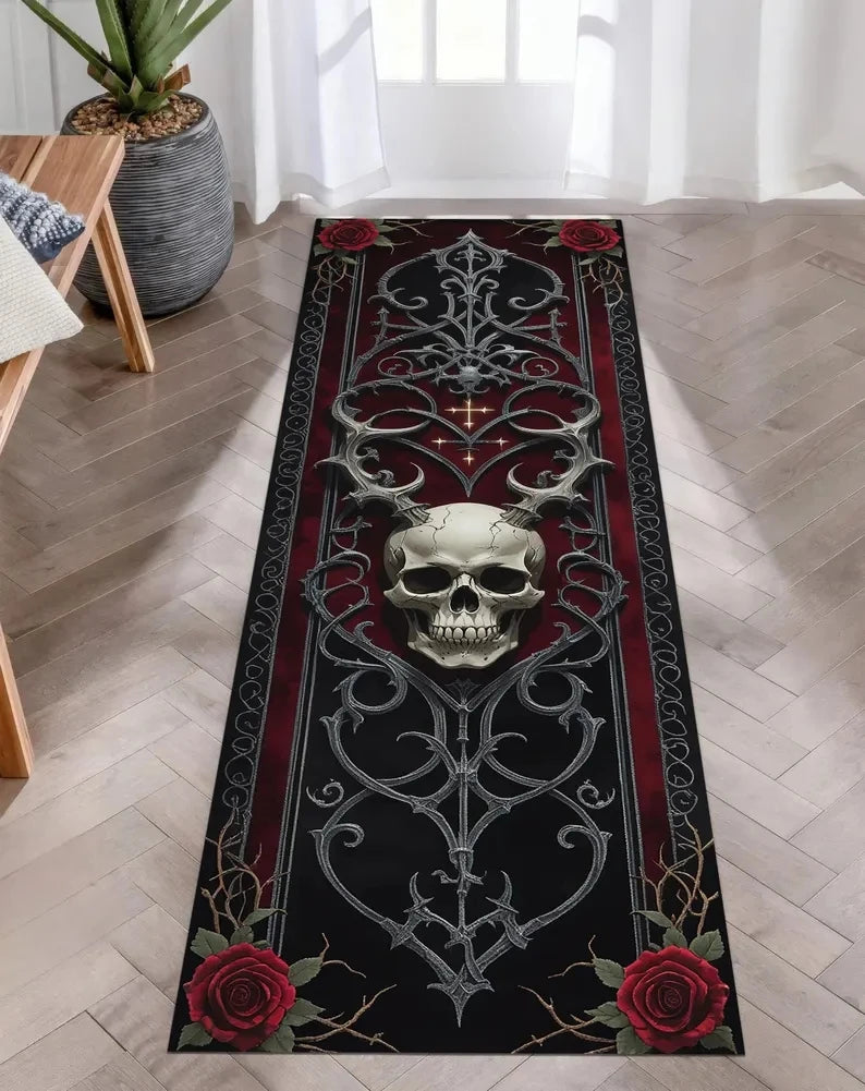Gothic Skull Runner Rug, Dark Horror-Themed Long Hallway Carpet, Black Aesthetic Skeleton Skull Floor Mat for Bedroom or Studio