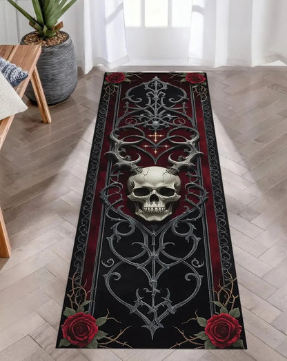 Gothic Skull Runner Rug, Dark Horror-Themed Long Hallway Carpet, Black Aesthetic Skeleton Skull Floor Mat for Bedroom or Studio