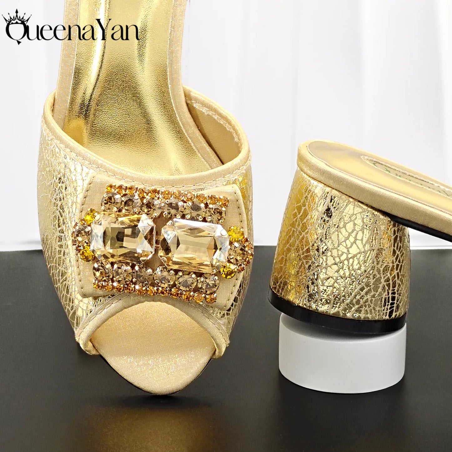 Queena Yan Italian Design Newest Fashion Mature Style Gold Color Women's High Heels with Diamond Oval Bag for Party Wedding