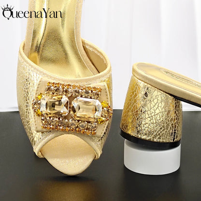 Queena Yan Italian Design Newest Fashion Mature Style Gold Color Women's High Heels with Diamond Oval Bag for Party Wedding