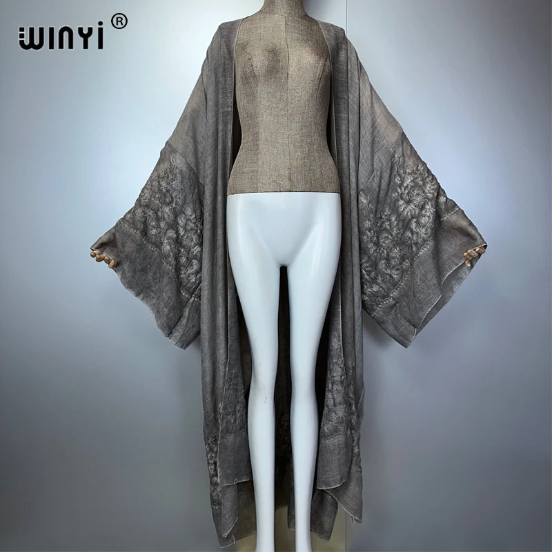 WINYI Kimono Hand-Dyed Embroidered Cardigan Beachwear Evening Dress Abaya Dubai Luxury Cover-Ups Beach Outfits Women Maxi Coat