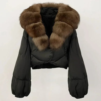 Winter Female White Duck Down Jacket Luxury Loose Short Fashion Casual Women Warm Real Fox Fur Coat Long Sleeve Puffer Jacket