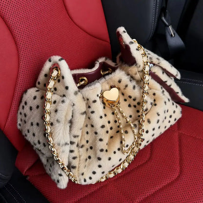 Fashion Leopart Dot Faux Fur Buckets Bag Designer Drawsting Chains Small Tote Bag Luxury Plush Shoulder Crossbody Bags 2026