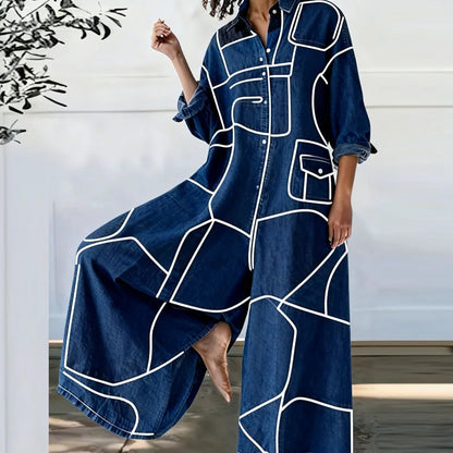 Red Heart Print Wide Leg Jumpsuits Woman Turn-down Collar Button Shirt Rompers Spring Long Sleeve Loose Imitation Denim Overalls