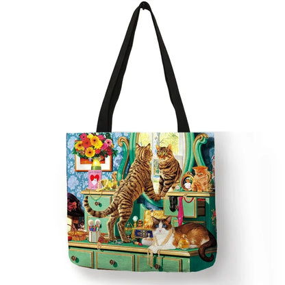 Oil Painting Cat Print Womens Designer Tote Bags Linen Reusable Shopping Bag For Groceries Shoulder Bags for Lady