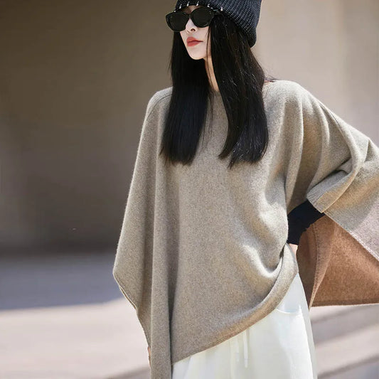 Autumn New 100% Merino Wool Shawl Pullover For Women Soft Solid Cashmere Knitwear Shawl Scarf Female Popular Sweater Grace Tops