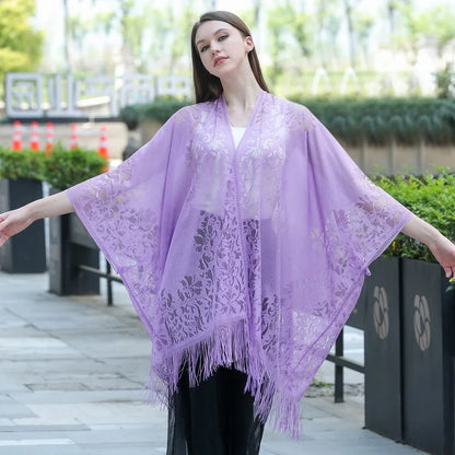 Women Sun Protection Shawl Lady Summer Hollow Out Lace Cardigan Holiday Bikini Blouse Breathable Beach Cape Sexy Long Tippet