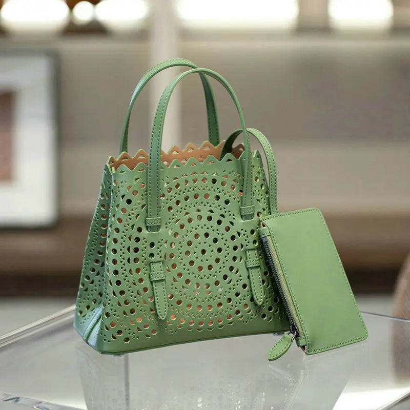 Brand Designer Luxury High Quality Mini Cowhide Shoulder Handbags 2025 Hollow Fashion Large Capacity Genuine Leather Bucket Bag