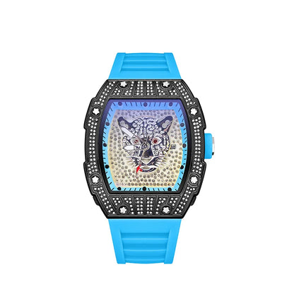 Tonneau Hollow Diamond Leopard Dial Quartz Watch Men Luxury Luminous Fashion Waterproof Rubber Sport Watches Men Steel Men Clock
