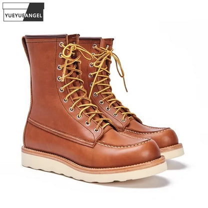 Handmade High Top Shoes Mens Vintage Round Toe Genuine Leather Casual Mid Calf Boots Spring Autumn Thick Platform Cowhide Boots