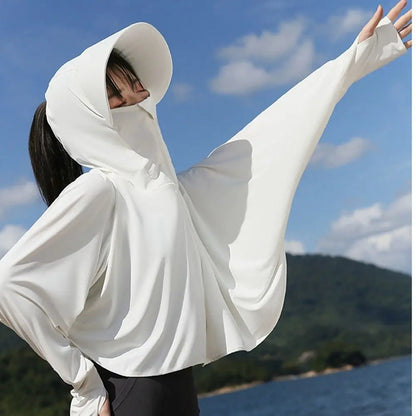 Solid Color Sunscreen Hoodie Long Sleeve Large Brim Hat Summer Sunscreen Shawl Thin Arm Sleeves Ice Silk Short Jacket Running