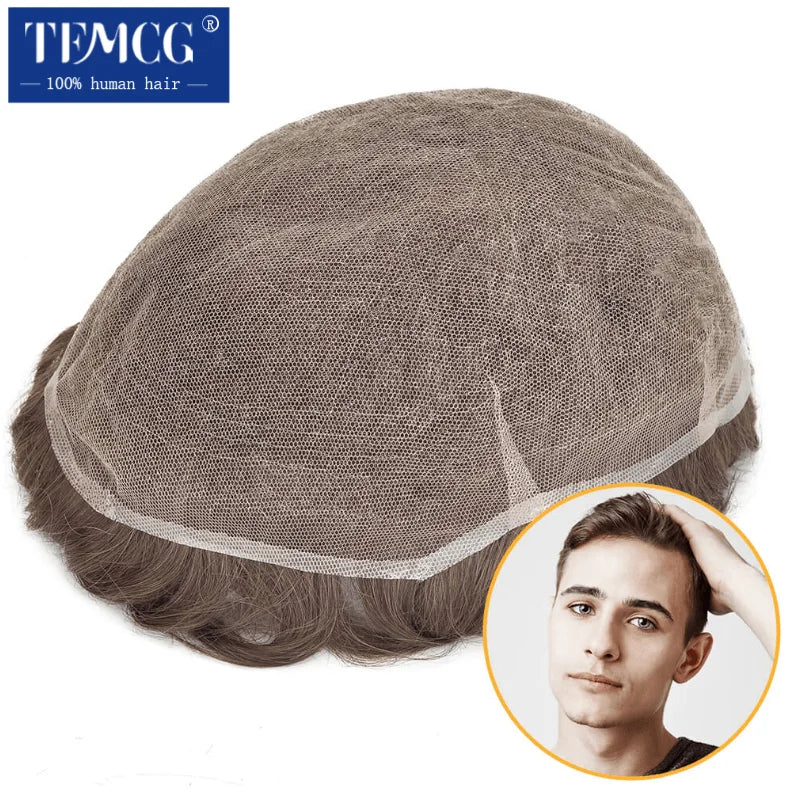 Full Lace Hair System Men Wig With Realistic Hairline Toupee For Men Breathable Male Hair Prosthesis 100% Human Hair Wig For Man