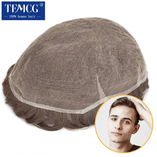 Full Lace Hair System Men Wig With Realistic Hairline Toupee For Men Breathable Male Hair Prosthesis 100% Human Hair Wig For Man