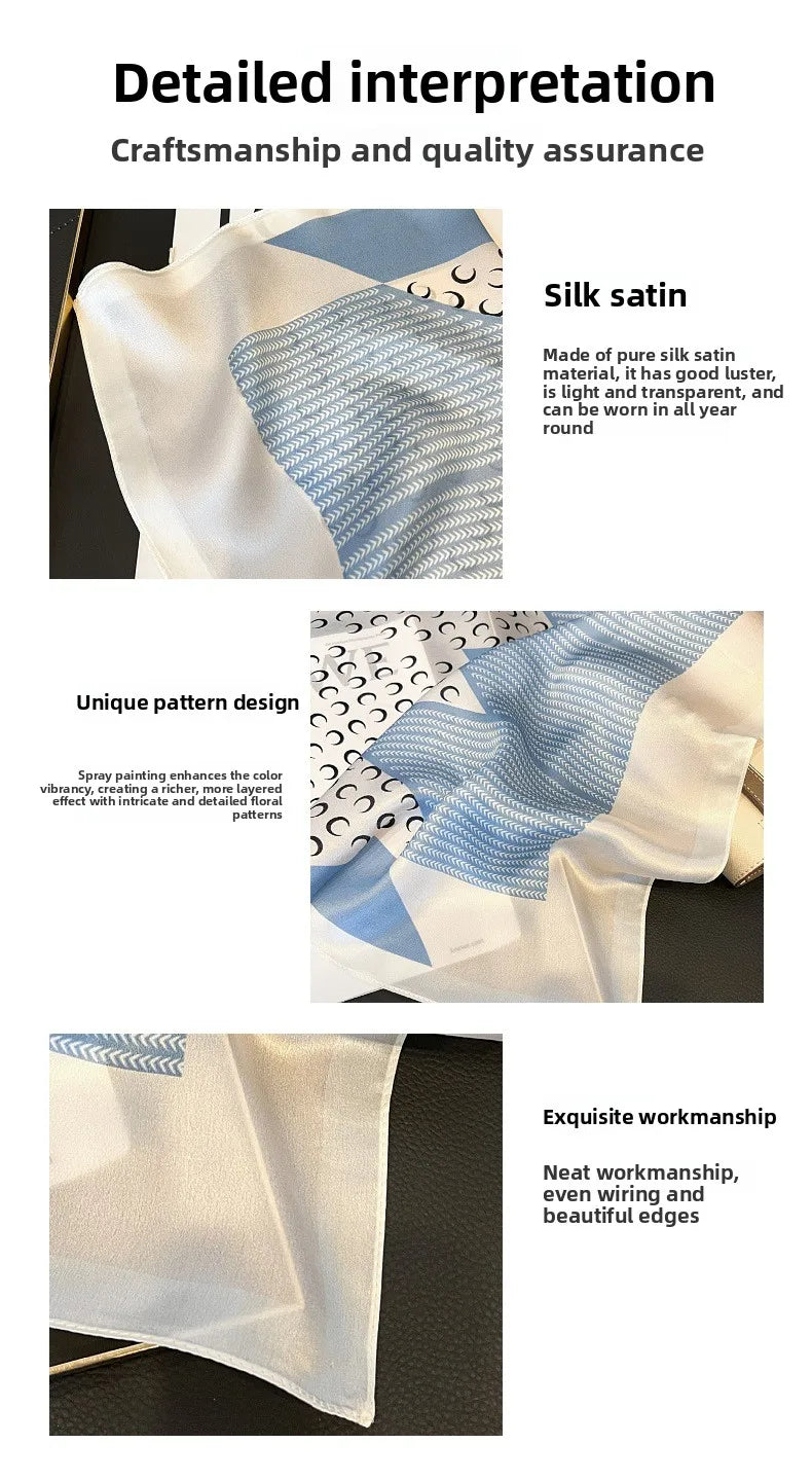 100% Natural Mulberry Silk Square Scarf 53x53cm Blue White Moon Print Women Neck Scarf Headband Bag Scarf Elegant Gift