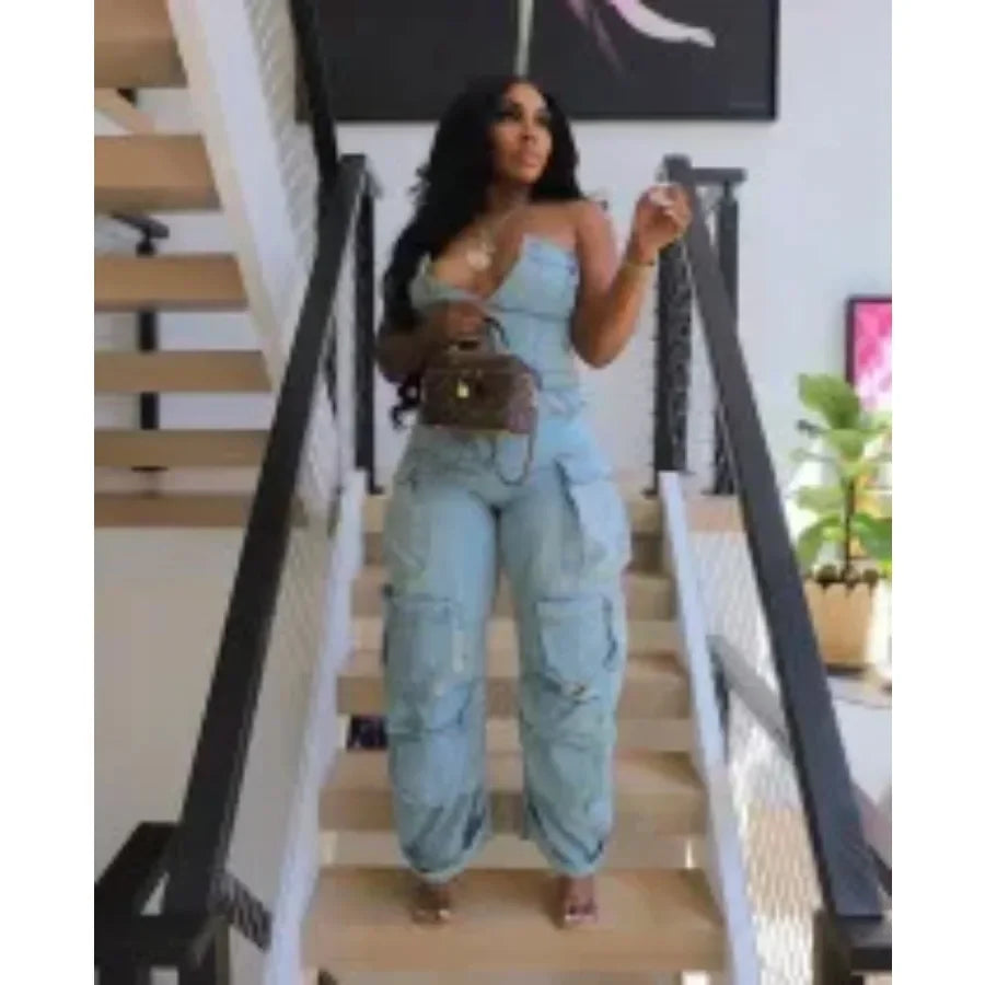 Jumpsuits Women Sexy One Piece Strapless Sleeveless Single Breasted Multiple Pockets High Waist Overalls Streetwear Trousers