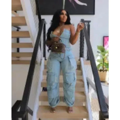 Jumpsuits Women Sexy One Piece Strapless Sleeveless Single Breasted Multiple Pockets High Waist Overalls Streetwear Trousers