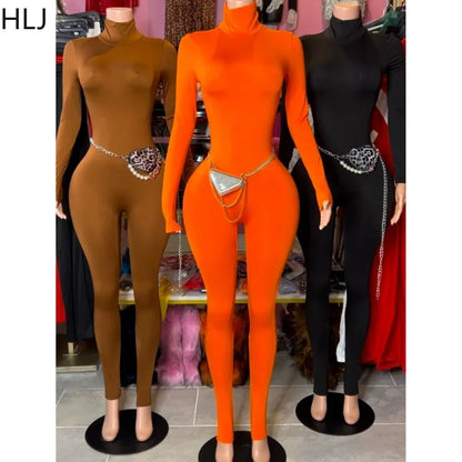 HLJ&GG Spring New Casual Solid Color Sporty One Piece Jumpsuits Women Turtleneck Long Sleeve Bodycon Playsuits Female Overalls