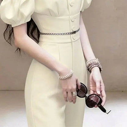 New French Summer Fashion Jumpsuit Women Puff Sleeve Off Shoulder Lapel Slim Waist Elegant Party Jumpsuits Solid Color