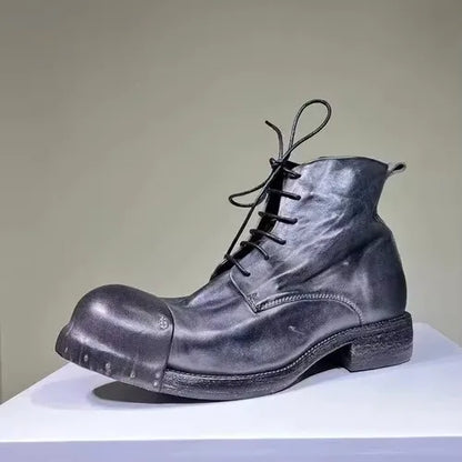 Washed Men's High Top Retro Leather Thick Soled High Rise Short Leather Boots Goodyear- Handmade Horse Leather Shoes Worn