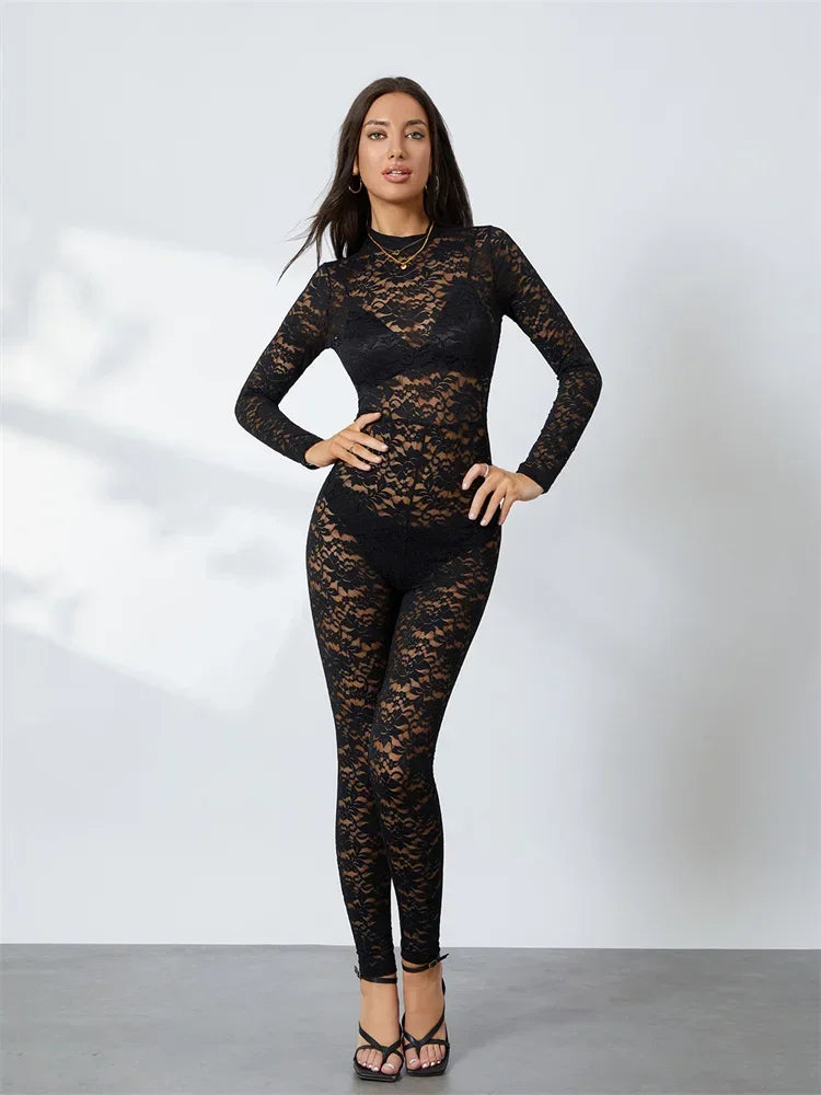 2026 Women's Sexy and Elegant Summer New Sexy Hot Black Lace Jacquard Hollow See-Through Long Sleeve Slim Jumpsuit