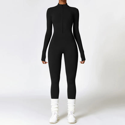 Warm Plush Sports Jumpsuits Women's Tracksuit One-Piece Fitness Suit Winter Gym Sets Long Sleeves Black Exercise Bodysuit Woman