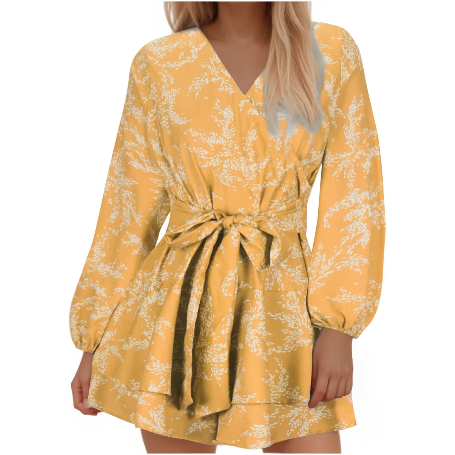 Hot-selling Women's Jumpsuits V-neck Flared Sleeves High Waist Plant Printed Pleated Lace-up Fashion High Street Playsuits