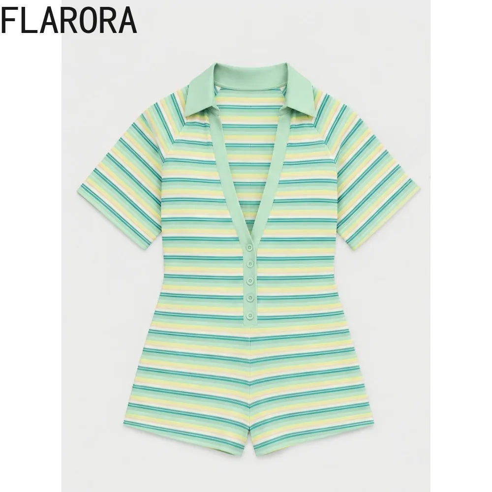 FLARORA Trend Stripe Print Rompers Woman Sexy Deep V Neck Short Sleeve Skinny Peach Hip Playsuits Hot Girl Party Club Overalls