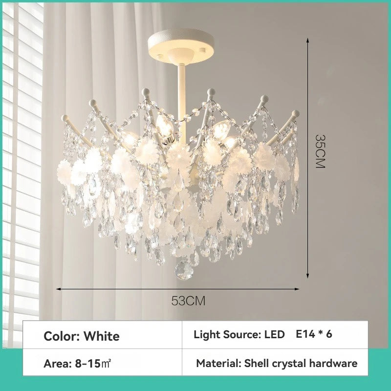 French Luxury LED Pendant Lights Blue White Natural Shell Crystal Chandelier Lamps for Romantic Living Dining Bedroom Home Decor