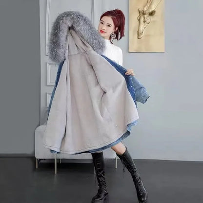 Women Jeans Coat 2024 New Winter Coat Thick Wool Denim Jacket Korea Loose Fur Collar Hooded Long Clothes Female Outerwear R375
