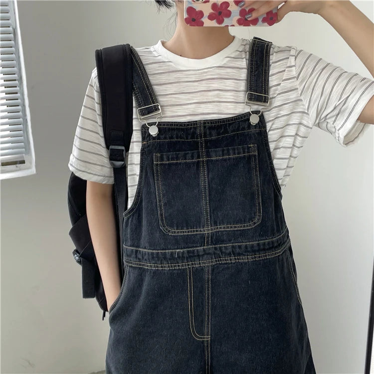 Women's Denim Overalls Short Trousers Wide Leg Loose Fit Thin Jumpsuit Korean Style for Petite Ladies Casual Clothing