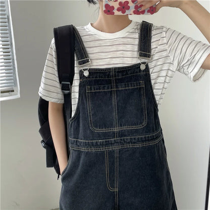 Women's Denim Overalls Short Trousers Wide Leg Loose Fit Thin Jumpsuit Korean Style for Petite Ladies Casual Clothing
