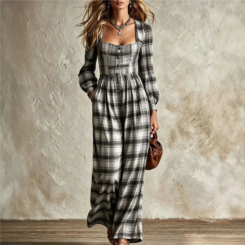 Women's Fashion Square Neck Retro Plaid Long Sleeve Jumpsuit Autumn New Waist Single Breasted Pocket Wide Leg Female Rompers2026