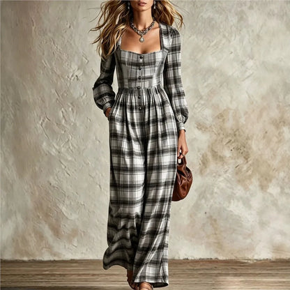 Women's Fashion Square Neck Retro Plaid Long Sleeve Jumpsuit Autumn New Waist Single Breasted Pocket Wide Leg Female Rompers2026