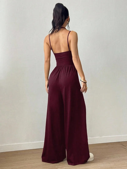 Women Halter Spaghetti Strap Jumpsuits Summer Casual Elastic High Waist Backless Wide Leg Long Pants Romper Club Party Overalls