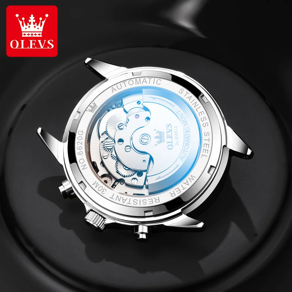  OLEVS Automatic Mechanical Watch for Men Tourbillon Moon Phase Diamond Dial Stainless Steel Strap Waterproof Men Wristwatch