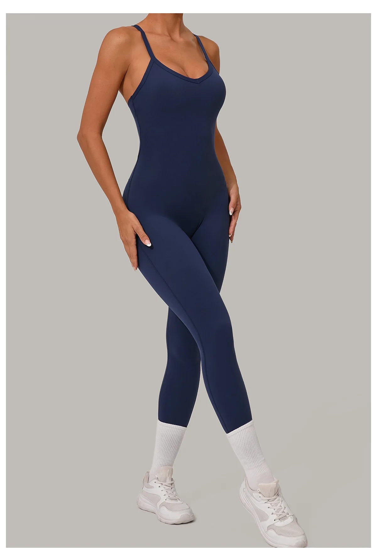New Nylon Pad V-Neck Wrap Yoga Bodysuit - Adjustable Hook Tummy Control Butt Lift Workout Jumpsuit