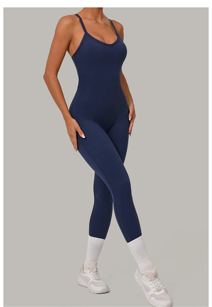 New Nylon Pad V-Neck Wrap Yoga Bodysuit - Adjustable Hook Tummy Control Butt Lift Workout Jumpsuit