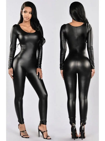 New Elastic Patent Leather Long Sleeve Jumpsuit Tights Cosplay Bodysuit Leotard Sexy Catsuit Clubwear Lingerie Teddies Jumpsuit