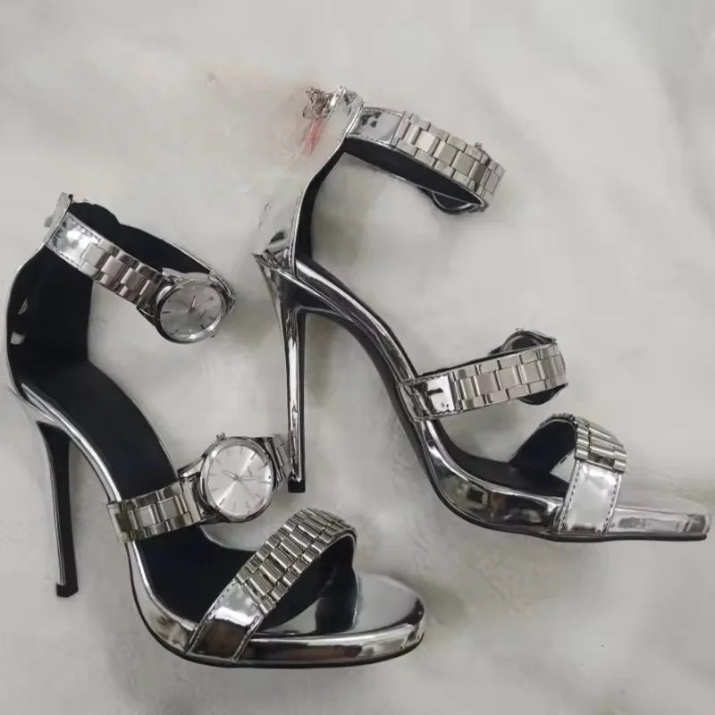 Womens Silver Watch Embellished Strap Sandals Sexy Stilettos Heel Sandals Open Toe Ladies Chain Detail Gladiator Sandals 35-44