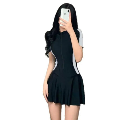 Women One-piece Swimsuit Korean Fashion Sports Swimwear Slim Short-sleeved Skirt Bathing Suit Beach Wear Swimming Suit for Women