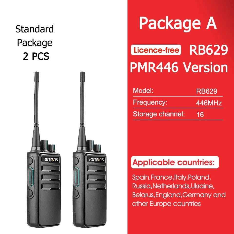 Retevis RB629 Walkie-talkies 2pcs PMR446 Long Range Lincense-free Portable Two-way Radio for Business Hotel Factory Hunting